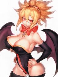 annoyed breasts cleavage demon demon_girl demon_wings disgaea disgaea_2 fumio_(rsqkr) large_breasts nippon_ichi_software rozalin thick_thighs thighhighs thighs