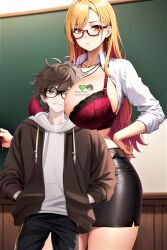 1boy 1girls age_difference ai_generated between_breasts big_breasts blonde_hair brown_hair cheating_female dominant dominant_female edit glasses happy_male human_only lingerie massive_breasts milf paulu paulu proud school serious_look size_difference smaller_male standing teacher wanting_sex