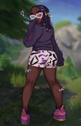 3d_glasses big_ass black_female brown-skinned_female brown_skin brown_skinned_female dark-skinned_female dark_skin dark_skinned_female fortnite heterochromia imani_(fortnite) kumasncreme pink_shoes purple_hair purple_hoodie question_mark showing_ass tagme