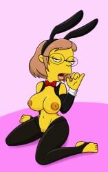 20th_century_fox 20th_century_studios accurate_art_style big_breasts breasts brown_eyes bunnysuit elizabeth_hoover female female_only fox_corporation glasses gracie_films hand_gesture inverted_nipples looking_at_viewer matt_groening oral_invitation partially_clothed pussy seductive takeshi1000 the_simpsons yellow_body yellow_skin