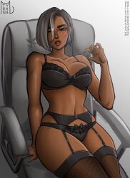 1girls antonia_(fortnite) belly_button big_breasts black_lingerie female fortnite lingerie looking_at_viewer office_chair red_lipstick short_hair simple_background tagme tan_body thick_thighs thighhighs thin_waist tyrana video_games voluptuous watermark white_background white_hair