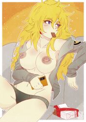 1girls big_breasts blonde_hair bored breasts breasts_out breasts_outside exposed_breasts female female_only gensox jacket long_hair nipple_piercing nipples open_jacket panties pierced_nipples piercing purple_eyes rwby solo underwear yang_xiao_long