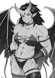 1girls abs absurd_res adonis_belt bat_wings breasts collar demon demon_girl earrings forehead_jewel greyscale hi_res horns long_hair looking_at_viewer medium_breasts monochrome muscular muscular_female navel original parted_lips pointy_ears sharp_teeth signature simple_background smile solo speedl00ver spiked_collar tail thighhighs vein white_background wings