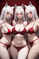 3girls ai_generated cerberus_(helltaker) demon female female_only helltaker red_eyes tagme white_hair