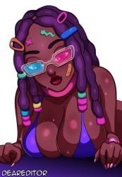 3d_glasses big_breasts bra braids dark-skinned_female deareditor fortnite heterochromia imani_(fortnite) purple_bra purple_hair tagme