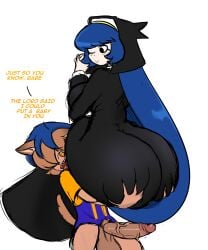 big_ass bigger_female blue_hair carrying_partner clothed dark-skinned_male dog_boy dog_collar douby_(horndog) floogledoodle horndog_(artist) imminent_sex nun oc sketch smaller_male tail veiny_penis