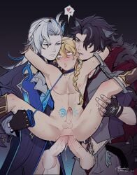 3boys aether_(genshin_impact) ahe_gao anal animal_ears balls big_penis biting_ear black_hair blonde_hair braided_ponytail chains clothed_male_nude_male collar double_anal double_penetration fingerless_gloves gay gay_sex genshin_impact handcuffs leash_and_collar leash_pull male male_only males_only mmm_threesome neuvillette_(genshin_impact) penetration penis_size_difference pubes pubic_tattoo ravender_aos restrained sex_slave shoes_only small_penis smaller_penetrated stand_and_carry_position standing_sex suspended_double_penetration threesome white_background wriothesley_(genshin_impact) yaoi