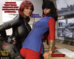 1futa 1girls 3d adult age_difference aged_up avengers big_ass big_bulge big_butt black_widow_(marvel) bulge clothes comic_page dark_skin dickgirl female futa_with_female futanari indian_female kamala_khan ladyabysso marvel ms._marvel pin_up red_hair teenage_girl teenager text