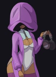 big_breasts coat covered_eyes covered_face headphones holding_object mia_(mojo2) mojo_2:_mia purple_coat thick_thighs thighhighs thighs