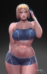 1girls abs areola_bulge areolae areolae_visible_through_clothing arm_up belly belly_button big_breasts big_lips black_background black_choker blonde_hair blue_bra blue_eyes blue_eyeshadow blue_fingernails blue_shorts blue_sports_bra cammy_white capcom caucasian_female chocker choker commanding eyeshadow female glow gradient_background hair_tucked_behind_ear hand_behind_back hand_on_head hourglass_figure legs_crossed lipstick mascara muscles muscular muscular_female necklace painted_nails patreon_url pattern_clothing pendent pinkdrawz round_breasts scar scar_on_cheek scar_on_face seductive seductive_look shiny_skin short_hair solo sports_bra sports_shorts sportswear standing street_fighter street_fighter_6 thick thick_ass thick_breasts thick_lips thick_thighs thin_eyebrows translucent_clothing voluptuous voluptuous_female watermark white_trim wide_hips