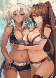 2girls asymmetrical_docking belt bikini bikini_shorts black_bikini black_nails blurry blurry_background breast_press breasts brown_hair cleavage closed_mouth collarbone dark-skinned_female dark_skin day flower glasses gluteal_fold hair_between_eyes hair_flower hair_intakes hair_ornament hand_on_own_hip highres kantai_collection kasumi_(skchkko) large_breasts long_hair looking_at_viewer multiple_girls musashi_(kantai_collection) nail_polish navel official_alternate_costume outdoors parted_lips ponytail red_bikini red_eyes revision shorts sidelocks smile swimsuit twintails two-tone_bikini very_long_hair white_belt white_bikini yamato_(kantai_collection)