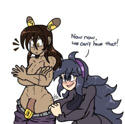 1boy 1girls dark_skin female hex_maniac human hung_bottom hung_trap light_skin male original_character pokemon poopishness taking_clothes_off unknown_character