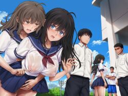 3boys 3girls ahoge black_hair blue_eyes blue_sailor_collar blue_skirt breasts brown_eyes brown_hair cyclone cyclone_(reizei) dress erect_nipples faceless faceless_male female female_focus highres large_breasts midareuchi molestation multiple_boys multiple_girls neckerchief nipples nipples_visible_through_clothing no_bra no_eyes original pants pleated_skirt sailor_collar sailor_dress sailor_shirt school_uniform see-through see-through_shirt serafuku sexual_harassment shaded_face shirt skirt smile visible_nipples wavy_hair wet_clothing yuri