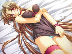 aqua_panties bachou_mouki_(koihime) bed blush brown_hair cameltoe embarrassed female game_cg koihime†_(series) koihime_musou long_hair panties pink_eyes yatsuha_kanan