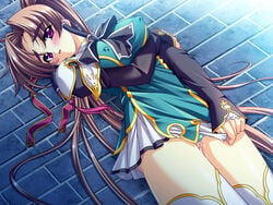 aqua_panties bachou_mouki_(koihime) bed blush brown_hair cameltoe embarrassed female game_cg koihime†_(series) koihime_musou long_hair panties pink_eyes yatsuha_kanan