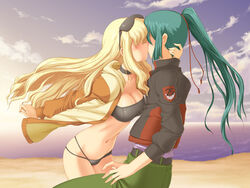 aokihoshi bandeau beach bikini blonde_hair blue_hair clothing couple female large_breasts long_hair macross macross_frontier mizugi ocean ponytail saotome_alto sheryl_nome sunglasses swimsuit tied_hair tubetop