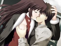 1boy 1girls akasen_gairo black_coat breast_grab breasts breasts_out brown_hair c-side cg closed_eyes coat couple dress eroge fur_trim fur_trimmed_coat game_cg grabbing grey_shirt hand_on_head kisaragi_masayuki kiss kisugi_chihiro large_breasts long_hair outdoors red_dress ryoumoto_ken shirt