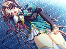 aqua_panties bachou_mouki_(koihime) blush brown_hair cameltoe embarrassed female floor game_cg koihime†_(series) koihime_musou long_hair panties pink_eyes yatsuha_kanan