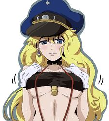 between_breasts blonde_hair blue_eyes breasts choker clothing gloves hat macross macross_frontier object_between_breasts peaked_cap pointy_chin sheryl_nome sima suspenders tubetop