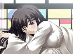 1girls akasen_gairo bed bed_sheet black_hair breast_squish breasts c-side cg clothed_female covers eroge game_cg karazaki_shizue large_breasts long_hair looking_at_viewer nightgown on_bed on_stomach pillow ryoumoto_ken solo white_nightgown window