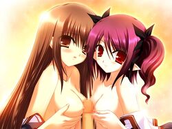 2girls brown_eyes brown_hair censored female game_cg kurata_mao male multiple_females paizuri purple_hair red_eyes ribbons rune_(tenshi_no_tamago) straight tenshi_no_tamago tied_hair twintails zinno