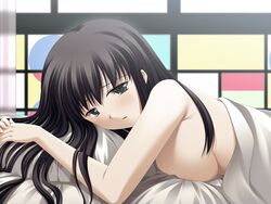 1girls akasen_gairo bed bed_sheet black_hair breast_squish breasts c-side cg completely_nude completely_nude_female covers eroge game_cg karazaki_shizue large_breasts long_hair looking_at_viewer nude on_bed on_stomach pillow ryoumoto_ken solo window