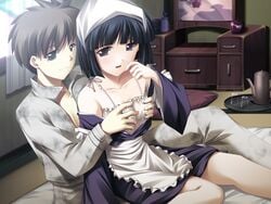 1boy 1girls akasen_gairo bare_shoulders black_eyes black_hair breasts brown_eyes c-side cg clothed_female clothed_male eroge futon game_cg grabbing grabbing_another's_breasts grabbing_from_behind grey_shirt kisaragi_masayuki maid maid_apron maid_dress maid_headdress maid_outfit medium_breasts okonogi_fuuka ryoumoto_ken shirt short_hair sitting