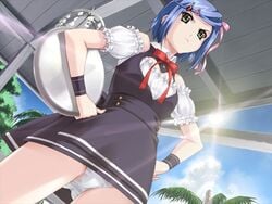 1girls blue_hair boin bow dutch_angle female female_only frills game_cg green_eyes hair_ornament hair_ribbon happoubi_jin koromogae_maya maid panties pantyshot resort_boin ribbon short_hair solo underwear waitress white_panties wristband