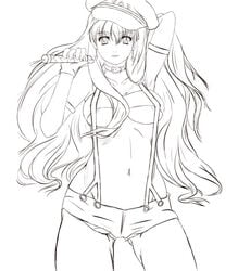 clothing collar hat long_hair macross macross_frontier medium_breasts monochrome oppai peaked_cap scharfschutze sharufushuttse sheryl_nome shitapai shorts suspenders underboob