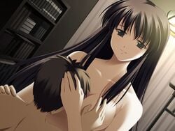 1boy akasen_gairo black_hair breast_hug breasts brown_hair c-side cg cleavage eroge female game_cg green_eyes hand_on_head karazaki_shizue kisaragi_masayuki long_hair male marshmallow_hell ryoumoto_ken