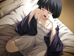 1girls after_sex akasen_gairo arms_up bed bed_sheet black_hair c-side cg closed_eyes eroge game_cg kneeling okonogi_fuuka on_bed on_knees open_clothes open_mouth pillow ryoumoto_ken short_hair sitting solo underskirt underwear waking_up white_underskirt yawning