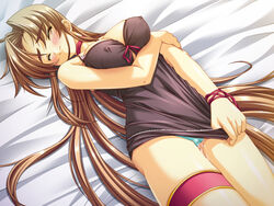 aqua_panties bachou_mouki_(koihime) bed blush brown_hair cameltoe closed_eyes embarrassed female game_cg koihime†_(series) koihime_musou long_hair panties yatsuha_kanan