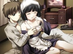 1boy 1girls akasen_gairo bare_shoulders black_eyes black_hair breasts brown_eyes c-side cg closed_eyes clothed_female clothed_male eroge futon game_cg grabbing grabbing_another's_breasts grabbing_from_behind grey_shirt kisaragi_masayuki maid maid_apron maid_dress maid_headdress maid_outfit medium_breasts okonogi_fuuka ryoumoto_ken shirt short_hair sitting