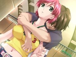 1boy 1girls boin female game_cg happoubi_jin hug hug_from_behind huge_breasts ichijyo_daisuke iihara_nao male midriff oppai pink_hair resort_boin short_hair straight