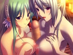 2girls atelier_kaguya breasts censored cooperative_paizuri disembodied_penis double_paizuri dungeon_crusaderz_(series) dungeon_crusaderz_2 elf ende_(dungeon_crusaderz) female game_cg green_hair hairband large_breasts long_hair m&m_(mickey_and_mackey) male multiple_girls nipples nude open_mouth paizuri penis pointy_ears purple_eyes rose_(dungeon_crusaderz) short_hair silver_hair straight