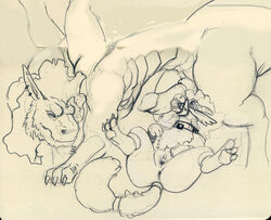 2013 anus ball_gag clitoris collar dragon ear_piercing female feral gag gaping gaping_pussy lying male on_back penis piercing pussy sketch spread_legs spreading straight winddragon