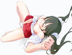 barefoot black_hair blush breasts closed_eyes clothing female hakama hand_in_panties highres kantai_collection long_hair lying masturbation momo_(higanbana_and_girl) nipples panties personification red_skirt shirt shirt_down skirt skirt_lift solo spread_legs tears tied_hair topless twintails underwear white_panties zuikaku_(kantai_collection)