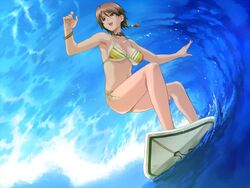 1girls boin bra bracelet braid breasts brown_hair dutch_angle female female_only game_cg happoubi_jin happy human jewelry kuouzumiaiginsusutakeizumonokamimeichoujin_mika mizugi ocean open_mouth resort_boin shitapai side-tie_bikini smile solo striped striped_bikini surfboard twin_braids underboob water