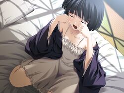 1girls after_sex akasen_gairo arms_up bed bed_sheet black_hair c-side cg closed_eyes eroge game_cg kneeling okonogi_fuuka on_bed on_knees open_clothes open_mouth pillow ryoumoto_ken short_hair sitting solo underskirt underwear waking_up white_underskirt yawning