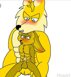 anthro blush cum cum_in_penis five_nights_at_freddy's fronnie furry gay golden_freddy_(fnaf) huge_cock male male_only sitting_on_lap small_penis smaller_male smile springtrap springtrap_(fnaf)