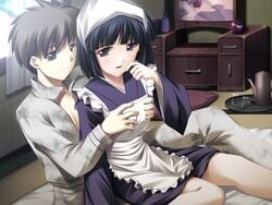 1boy 1girls akasen_gairo black_eyes black_hair breasts brown_eyes c-side cg clothed_female clothed_male eroge futon game_cg grabbing grabbing_another's_breasts grabbing_from_behind grey_shirt kisaragi_masayuki maid maid_apron maid_dress maid_headdress maid_outfit medium_breasts okonogi_fuuka ryoumoto_ken shirt short_hair sitting