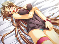 aqua_panties bachou_mouki_(koihime) bed blush brown_hair cameltoe embarrassed female game_cg koihime†_(series) koihime_musou long_hair panties pink_eyes yatsuha_kanan