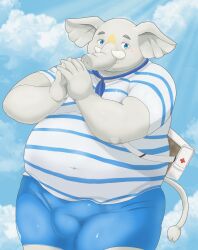 2023 anthro balls_outline belly big_belly blue_eyes blush bottomwear clothing cloud elephant elephantid genital_outline grey_body hi_res hizen_(tamacolle) kemono male mammal outside overweight overweight_male proboscidean shirt shorts solo tamacolle timaki_z topwear