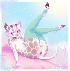 ass balls blue_eyes genitals giraffe giraffid girly hair hi_res hooves looking_at_viewer male mammal nipples pink_eyes simple_background sunshiu tongue tongue_out white_hair