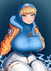 1girls apex_legends ass_expansion big_breasts blonde_hair blue_eyes blush bodysuit breast_expansion breasts eyebrows_visible_through_hair female female_only gloves growth huge_breasts lichtenberg_figure light-skinned_female light_skin looking_at_another looking_at_viewer nipples nipples_visible_through_clothing scar short_hair simple_background solo thick thick_legs thick_thighs thighs tight_clothes tight_clothing timeless-t turtleneck turtleneck_sweater wattson_(apex_legends) wide_hips yellow_hair