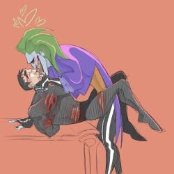 2boys batman batman_(series) bondage bound bruce_wayne clown dc_comics gay green_hair joker_(the_batman) male_only purple_suit side_view tagme the_batman the_joker wounded yaoi