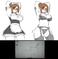 apron armpits arms_up ass big_breasts black_panties bra breasts brown_hair butt cleavage female flipnote_studio_3d fupoo glasses lingerie maid maid_apron maid_headdress maid_outfit maid_uniform matching_underwear nikki_(swapnote) panties red_glasses swapnote swapnote_(art_program) thick_thighs