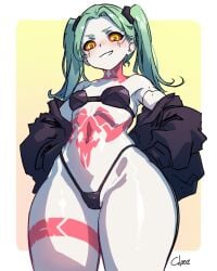 1girls belly belly_button bottom_heavy bra child_bearing_hips cybernetics cyberpunk:_edgerunners cyberpunk_2077 cyborg cyborg_girl female female_only flat_chest glooz green_hair hips huge_ass huge_thighs pale panties pear-shaped_figure pear_shaped pear_shaped_female rebecca_(edgerunners) revealing_clothes small_breasts studio_trigger tagme thick_thighs thunder_thighs twintails underwear wide_hips