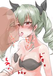 1boy anchovy bikini_top blush breast_grab breasts cleavage female french_kiss girls_und_panzer green_hair large_breasts misoperopero open_mouth saliva straight tongue_out twintails