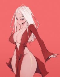 1girls areola_slip big_breasts blood blood_from_mouth blood_on_breasts carmilla_(castlevania) castlevania castlevania_(netflix) chonkgod dress female female_only inner_sideboob long_hair looking_at_viewer narrowed_eyes nipple_bulge red_background red_dress solo thick_thighs vampire very_high_resolution white_hair